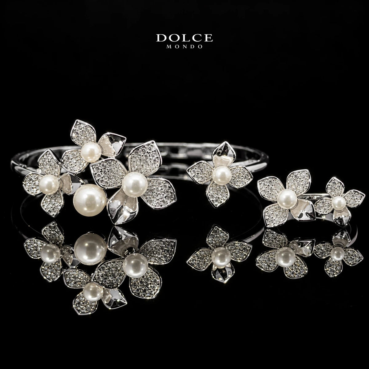 Yasmin White Pearl & Zircon Floral Luxury Bangle & Ring Set – Premium Rhodium Plated | Dolce Mondo