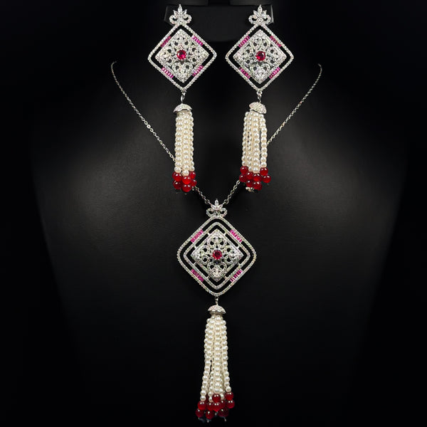 Ruby Pearl Royale Red Zircon Rhodium Plated Fancy Bridal Set