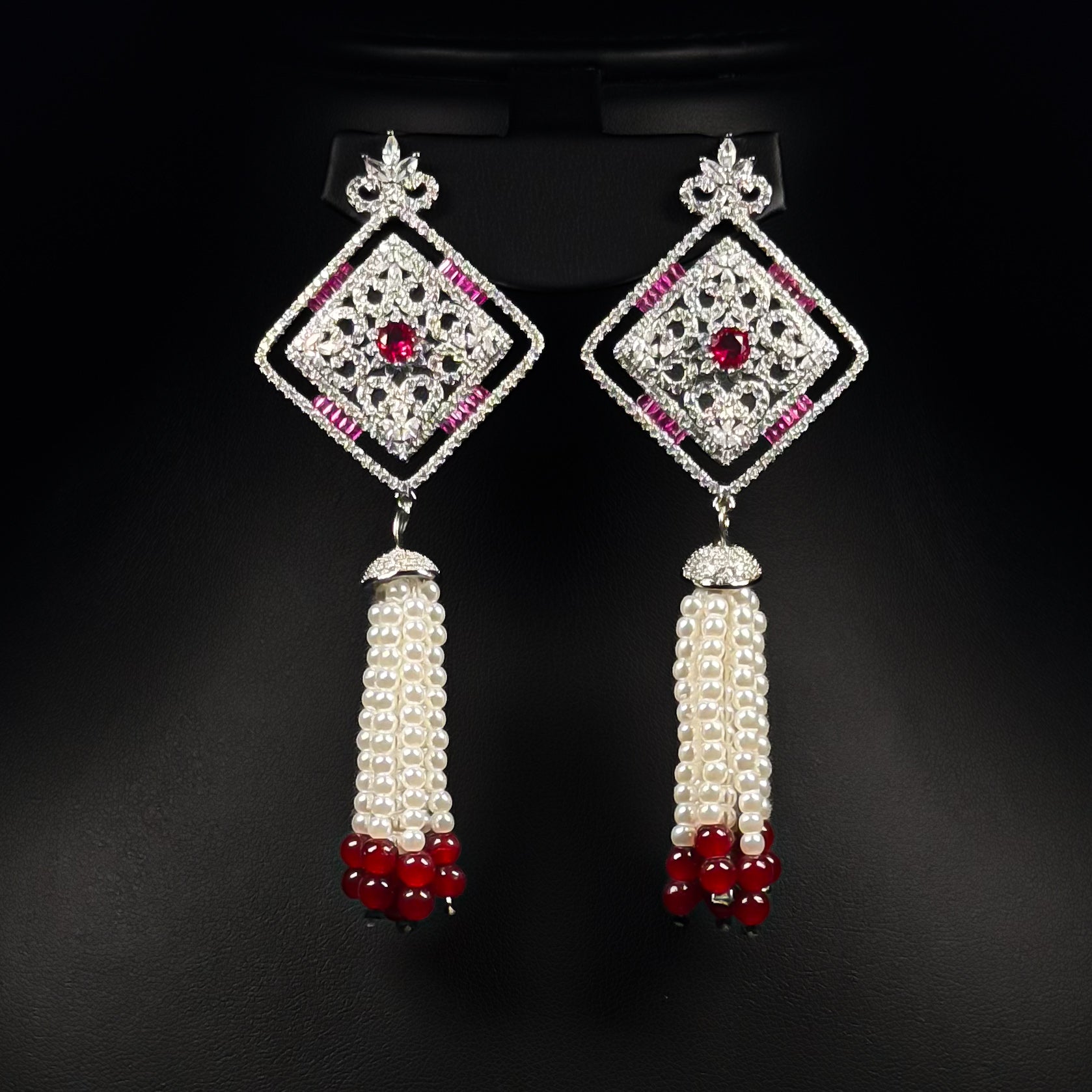 Ruby Pearl Royale Red Zircon Rhodium Plated Fancy Bridal Set