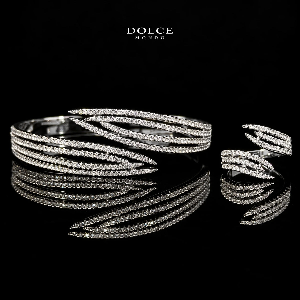 Salma White Round-Cut Zircon Multi-Layer Luxury Bangle & Ring Set – Premium Rhodium Plated | Dolce Mondo