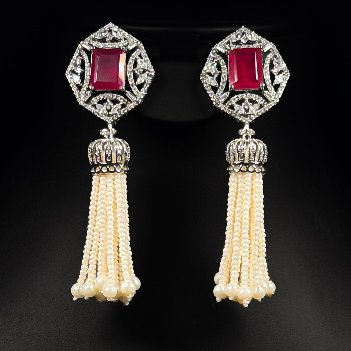 Regal Pearl Tassel White Zircon Rhodium Plated Fancy Bridal Set