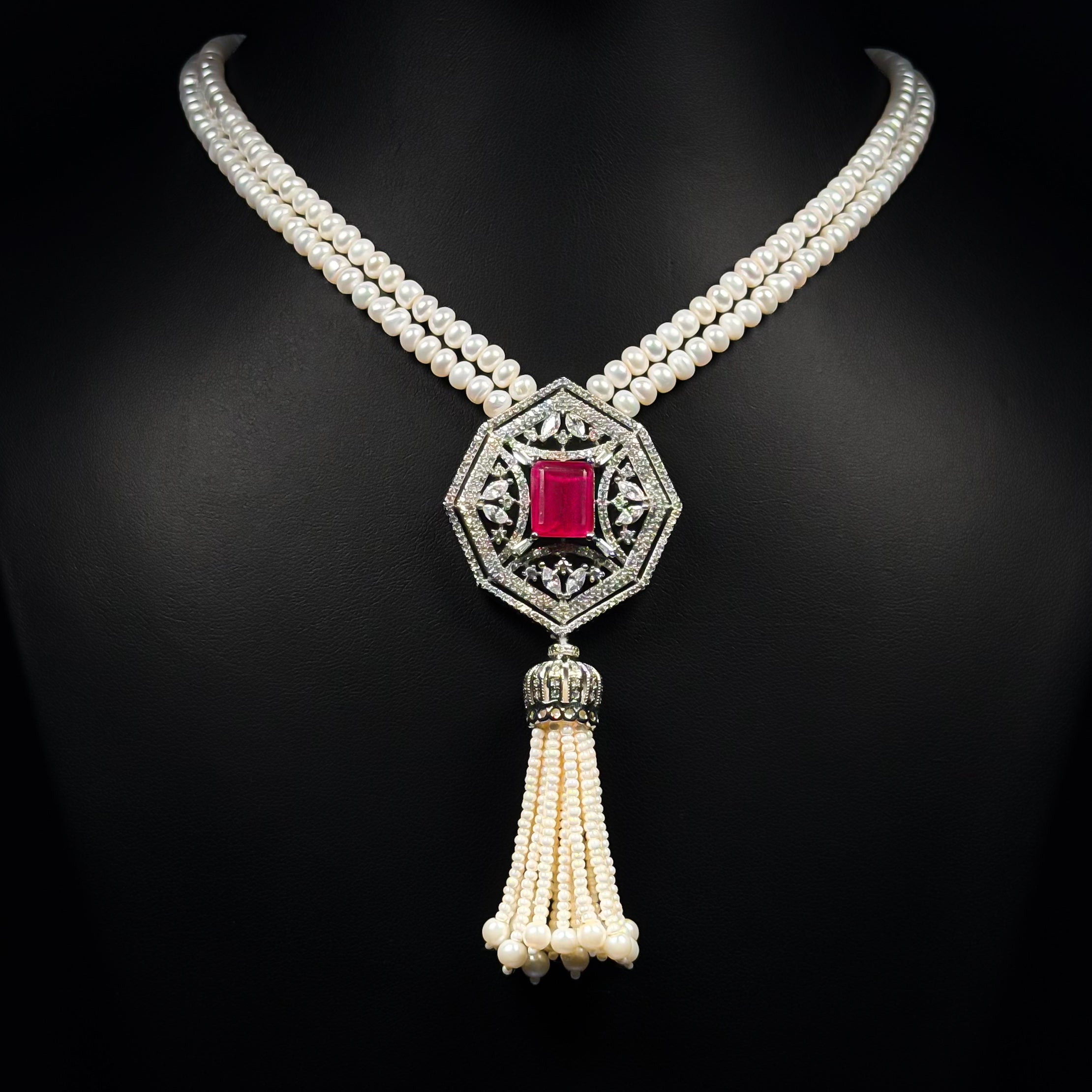 Regal Pearl Tassel White Zircon Rhodium Plated Fancy Bridal Set