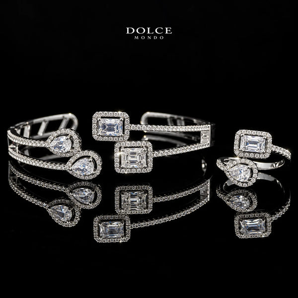 Mariam White Emerald & Pear-Cut Zircon Luxury Bangle & Ring Set – Premium Rhodium Plated | Dolce Mondo