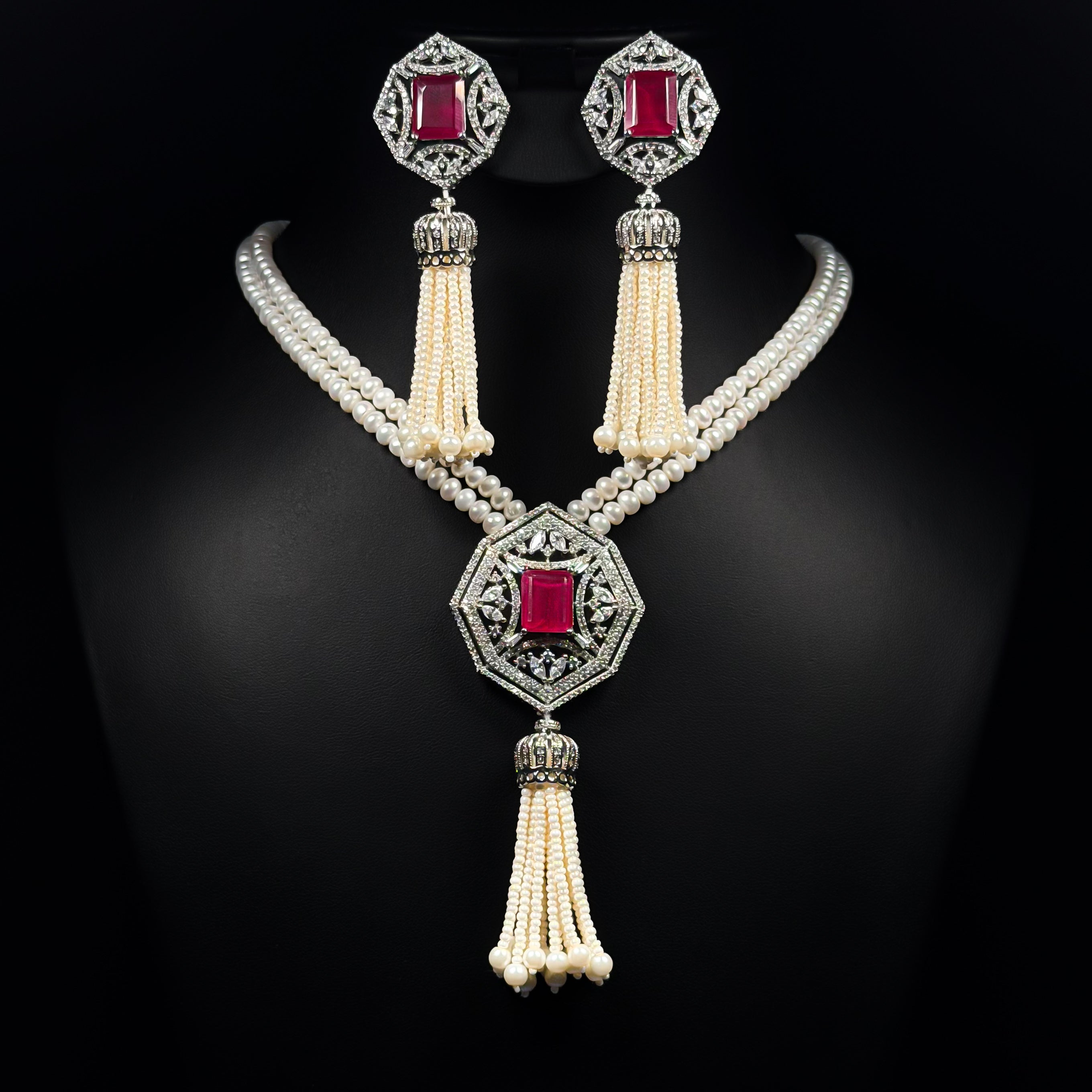 Regal Pearl Tassel White Zircon Rhodium Plated Fancy Bridal Set
