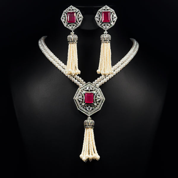 Regal Pearl Tassel White Zircon Rhodium Plated Fancy Bridal Set