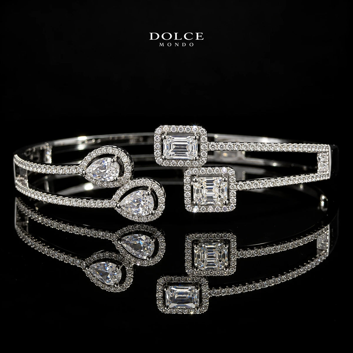Mariam White Emerald & Pear-Cut Zircon Luxury Bangle & Ring Set – Premium Rhodium Plated | Dolce Mondo