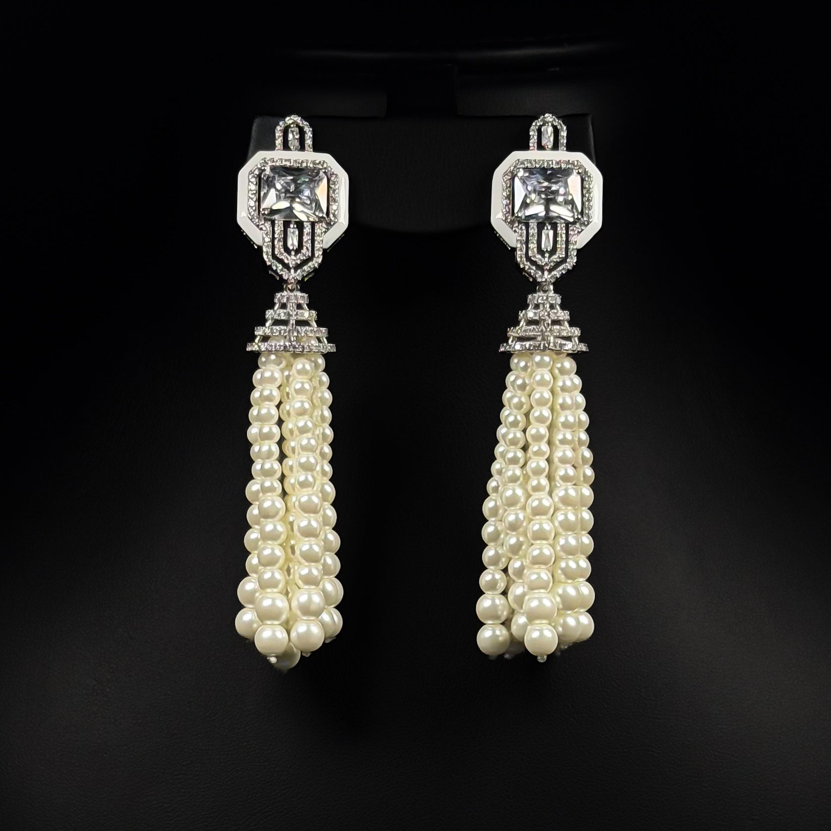 Regal Pearl Tassel White Zircon Rhodium Plated Fancy Bridal Set