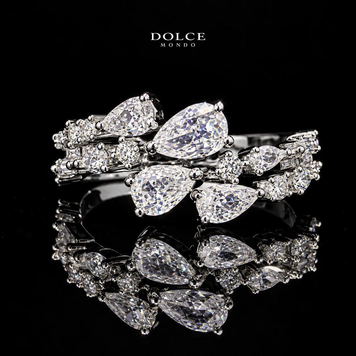 Yara White Mixed-Cut Zircon Luxury Bangle & Ring Set – Premium Rhodium Plated | Dolce Mondo