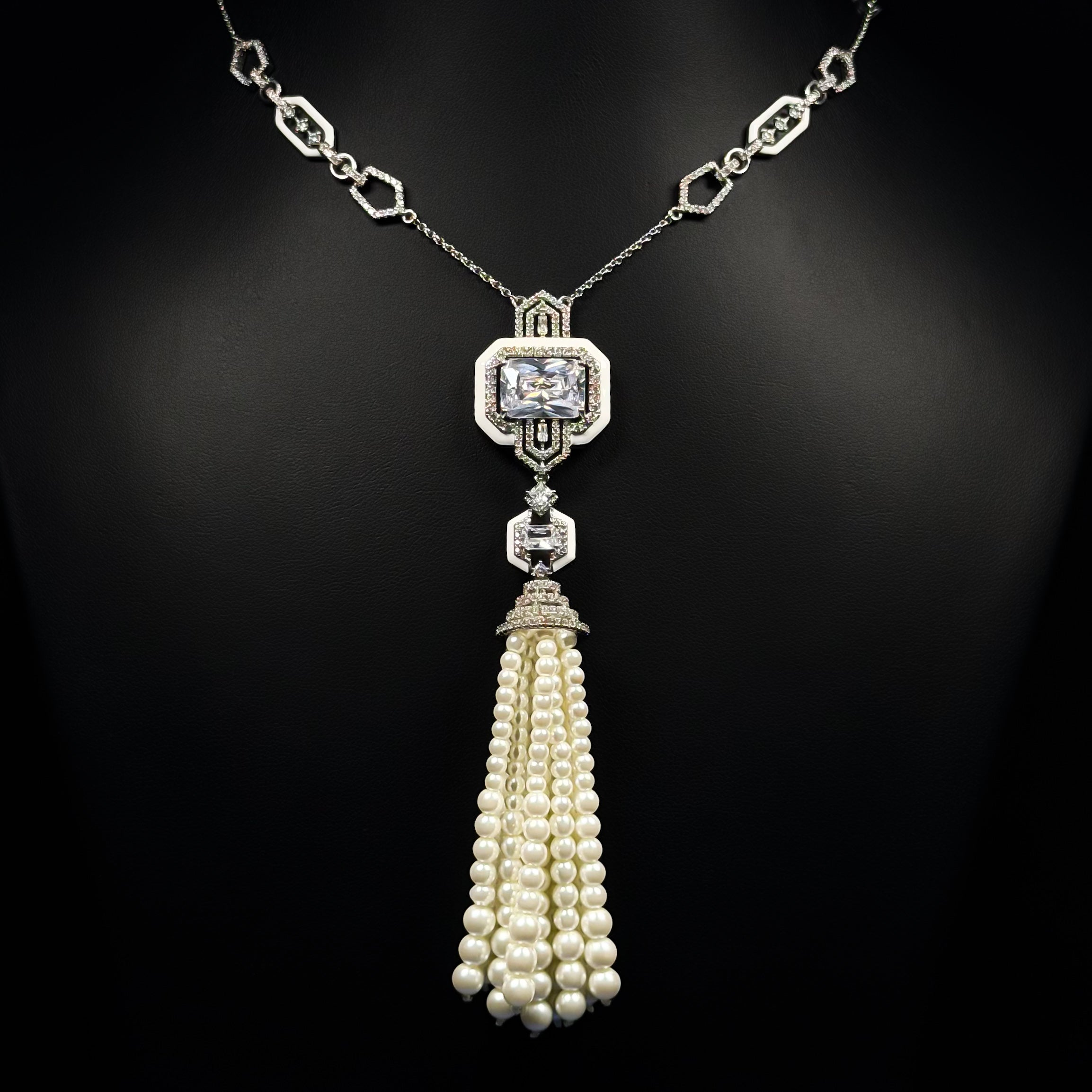 Regal Pearl Tassel White Zircon Rhodium Plated Fancy Bridal Set