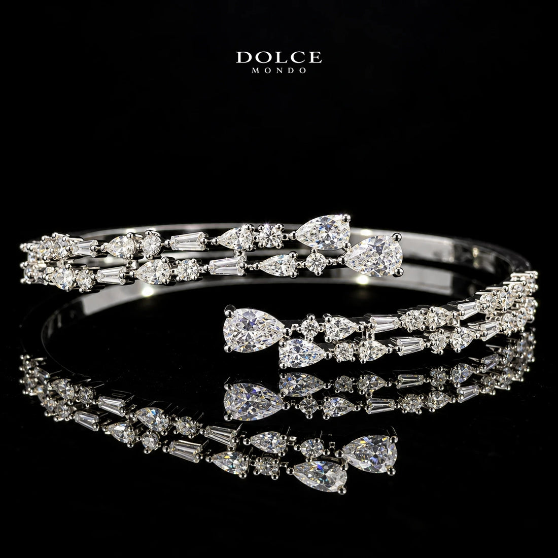Yara White Mixed-Cut Zircon Luxury Bangle & Ring Set – Premium Rhodium Plated | Dolce Mondo