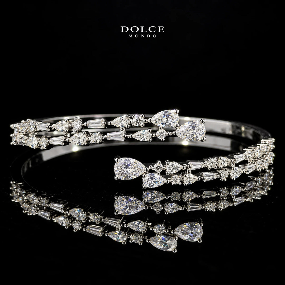 Yara White Mixed-Cut Zircon Luxury Bangle & Ring Set – Premium Rhodium Plated | Dolce Mondo