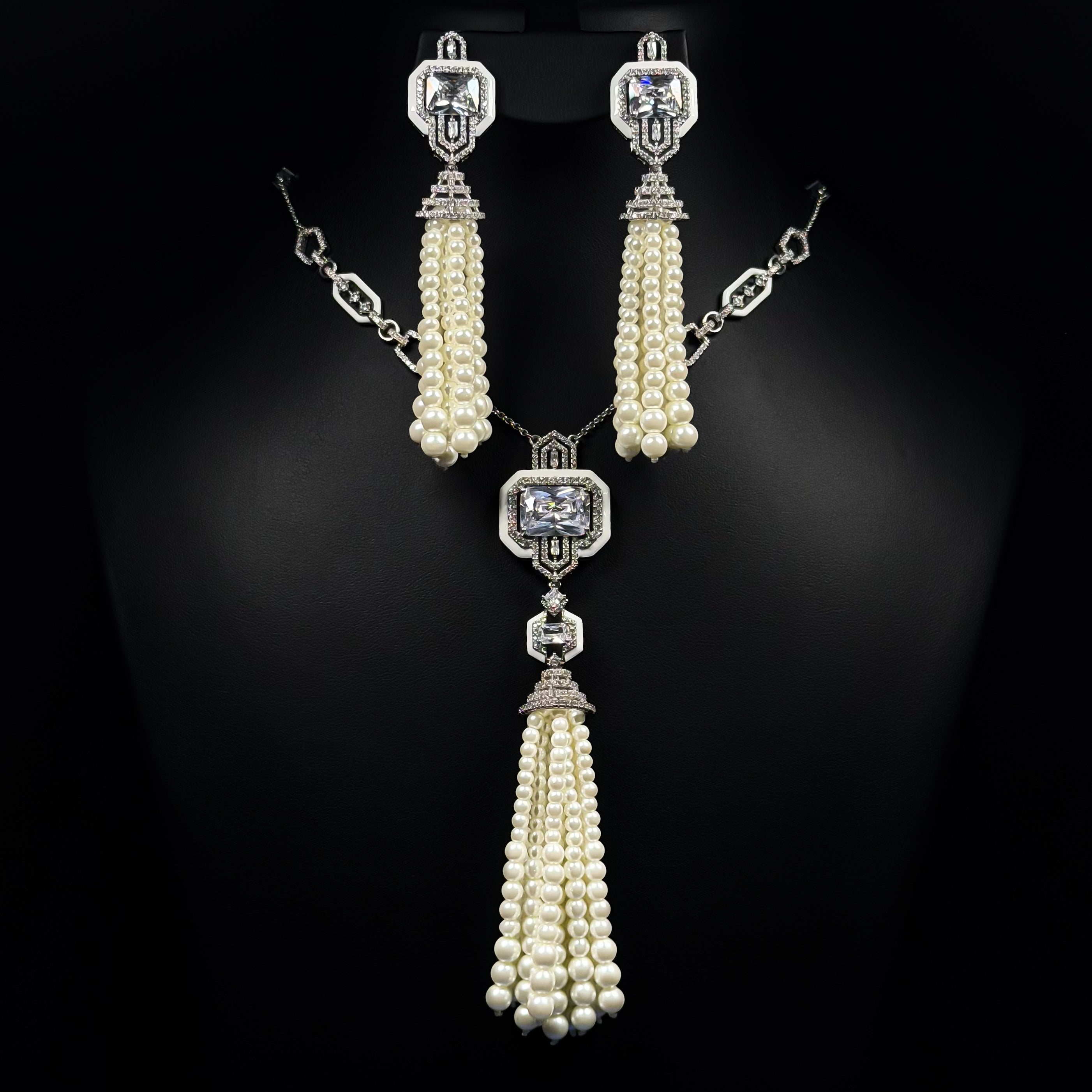 Regal Pearl Tassel White Zircon Rhodium Plated Fancy Bridal Set
