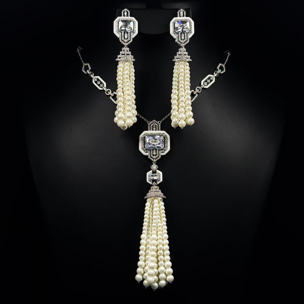 Regal Pearl Tassel White Zircon Rhodium Plated Fancy Bridal Set