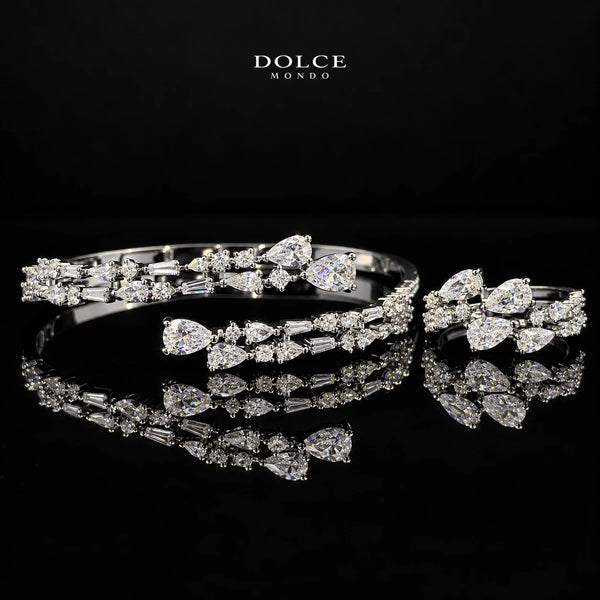 Yara White Mixed-Cut Zircon Luxury Bangle & Ring Set – Premium Rhodium Plated | Dolce Mondo