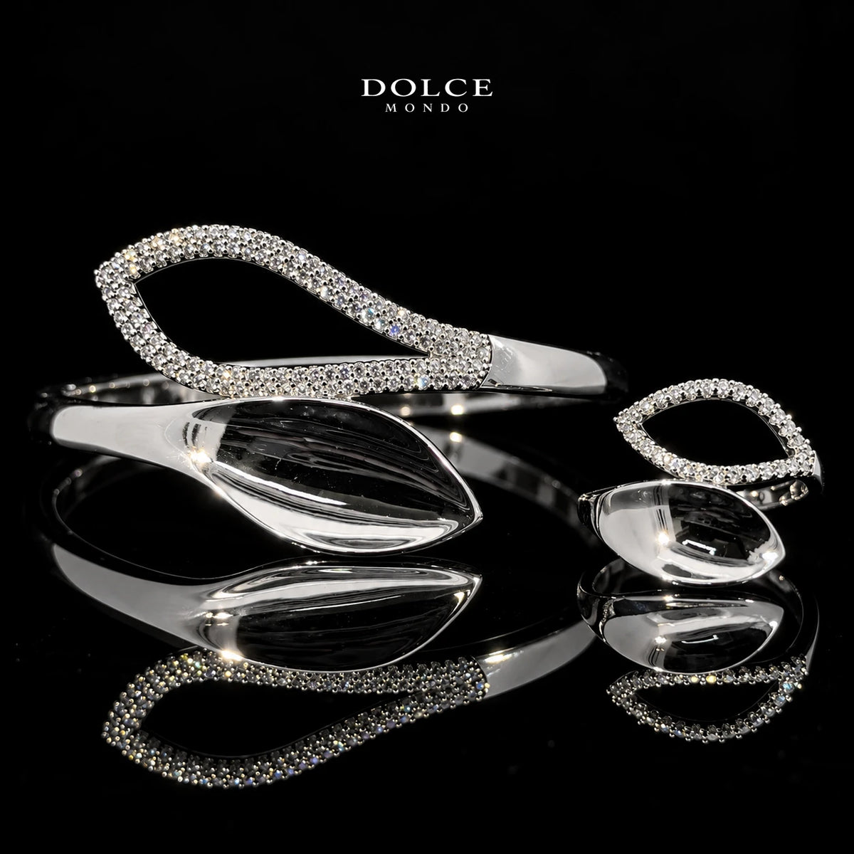 Dalia White Round-Cut Zircon Luxury Bangle & Ring Set – Premium Rhodium Plated | Dolce Mondo