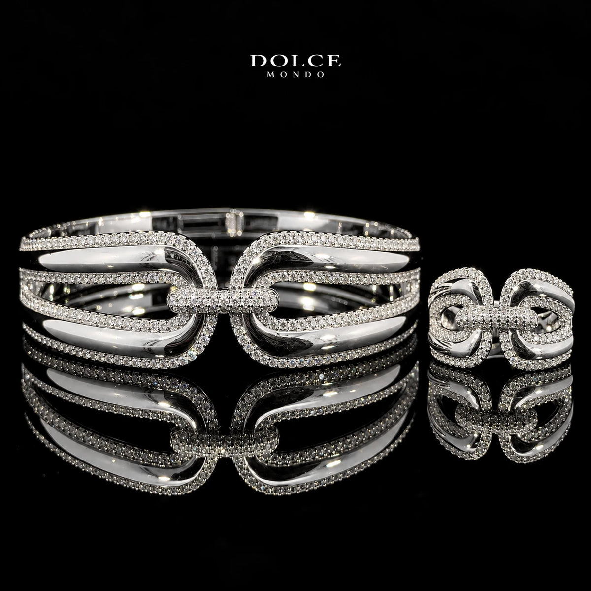 Rania White Round-Cut Zircon Luxury Bangle & Ring Set – Premium Rhodium Plated | Dolce Mondo