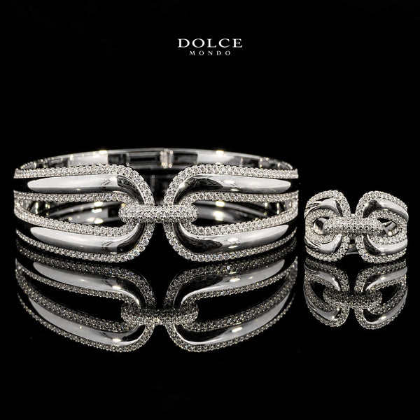 Rania White Round-Cut Zircon Luxury Bangle & Ring Set – Premium Rhodium Plated | Dolce Mondo