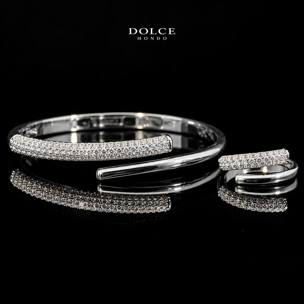 Noura White Round-Cut Zircon Luxury Bangle & Ring Set – Premium Rhodium Plated | Dolce Mondo