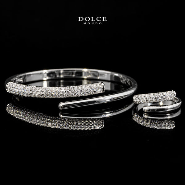 Noura White Round-Cut Zircon Luxury Bangle & Ring Set – Premium Rhodium Plated | Dolce Mondo