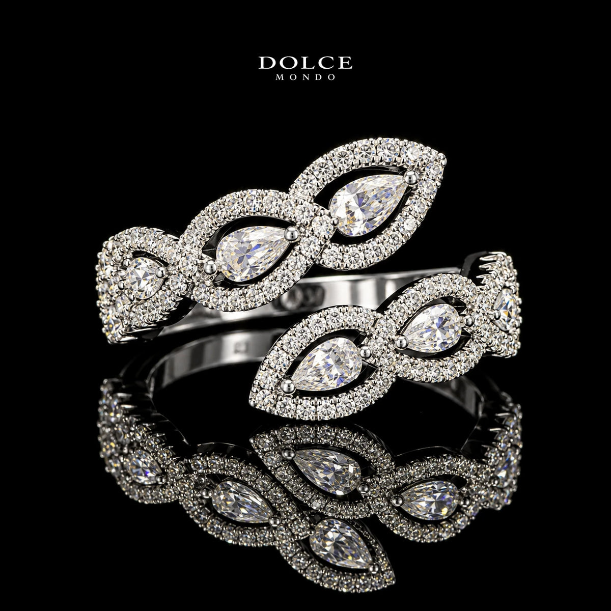 Layan White Pear-Cut Zircon Luxury Bangle & Ring Set – Premium Rhodium Plated | Dolce Mondo