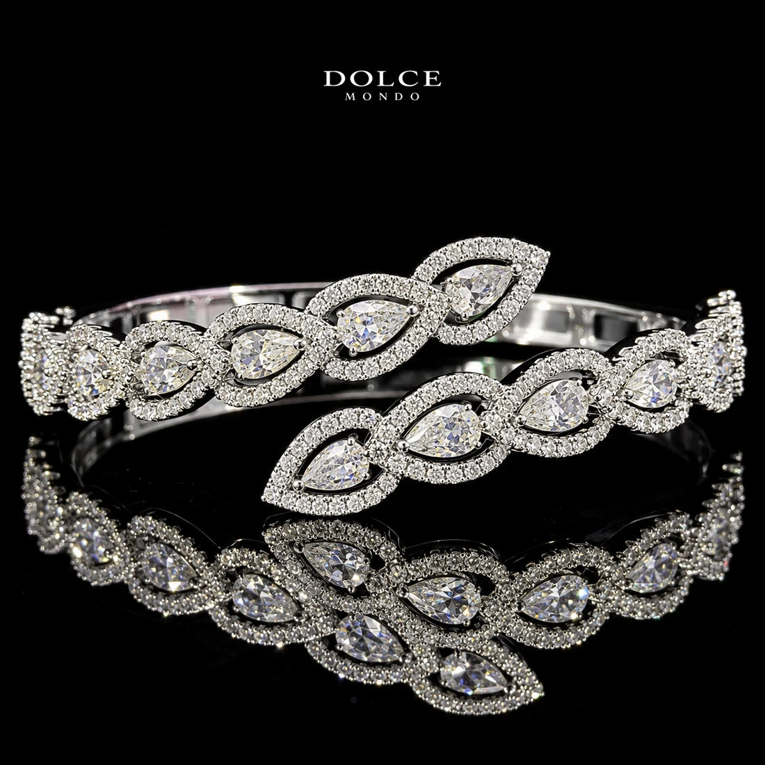 Layan White Pear-Cut Zircon Luxury Bangle & Ring Set – Premium Rhodium Plated | Dolce Mondo