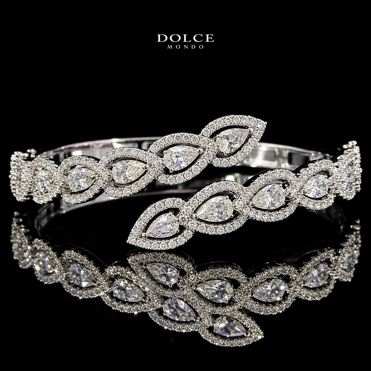 Layan White Pear-Cut Zircon Luxury Bangle & Ring Set – Premium Rhodium Plated | Dolce Mondo