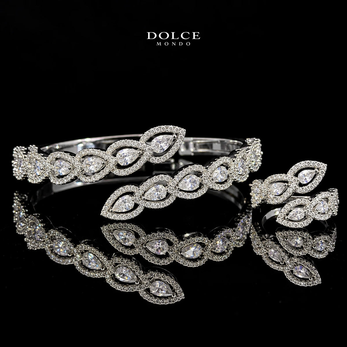 Layan White Pear-Cut Zircon Luxury Bangle & Ring Set – Premium Rhodium Plated | Dolce Mondo