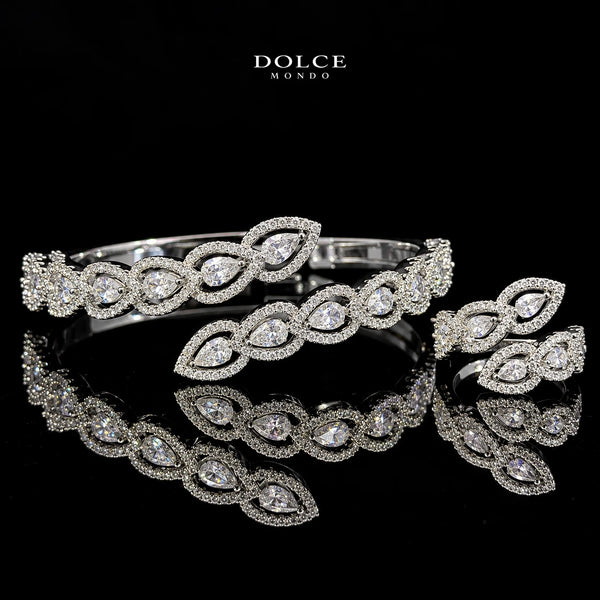 Layan White Pear-Cut Zircon Luxury Bangle & Ring Set – Premium Rhodium Plated | Dolce Mondo