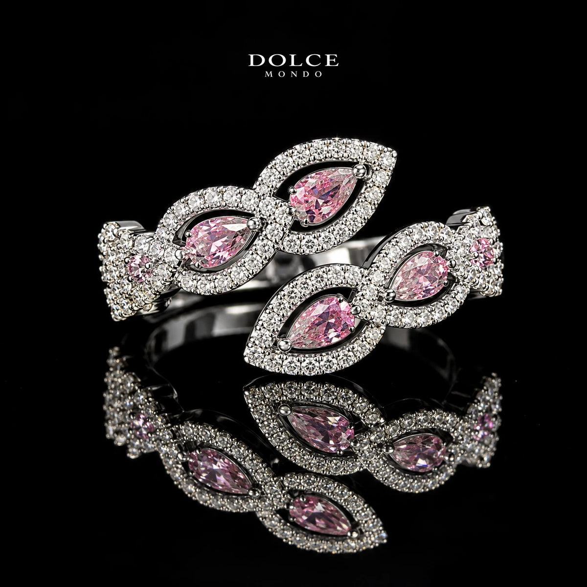 Layan Pink Pear-Cut Zircon Luxury Bangle & Ring Set – Premium Rhodium Plated | Dolce Mondo