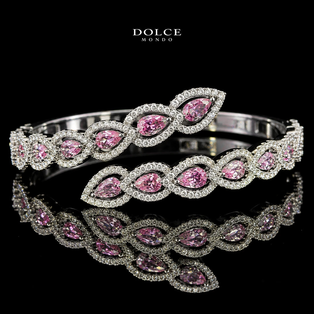 Layan Pink Pear-Cut Zircon Luxury Bangle & Ring Set – Premium Rhodium Plated | Dolce Mondo