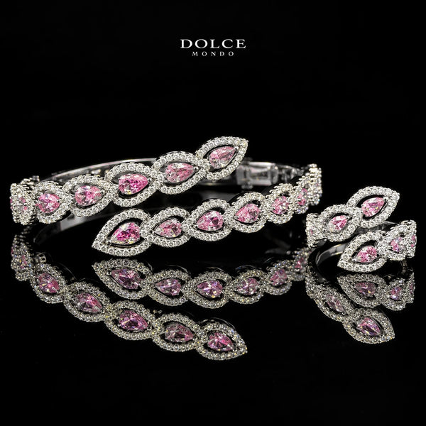 Layan Pink Pear-Cut Zircon Luxury Bangle & Ring Set – Premium Rhodium Plated | Dolce Mondo