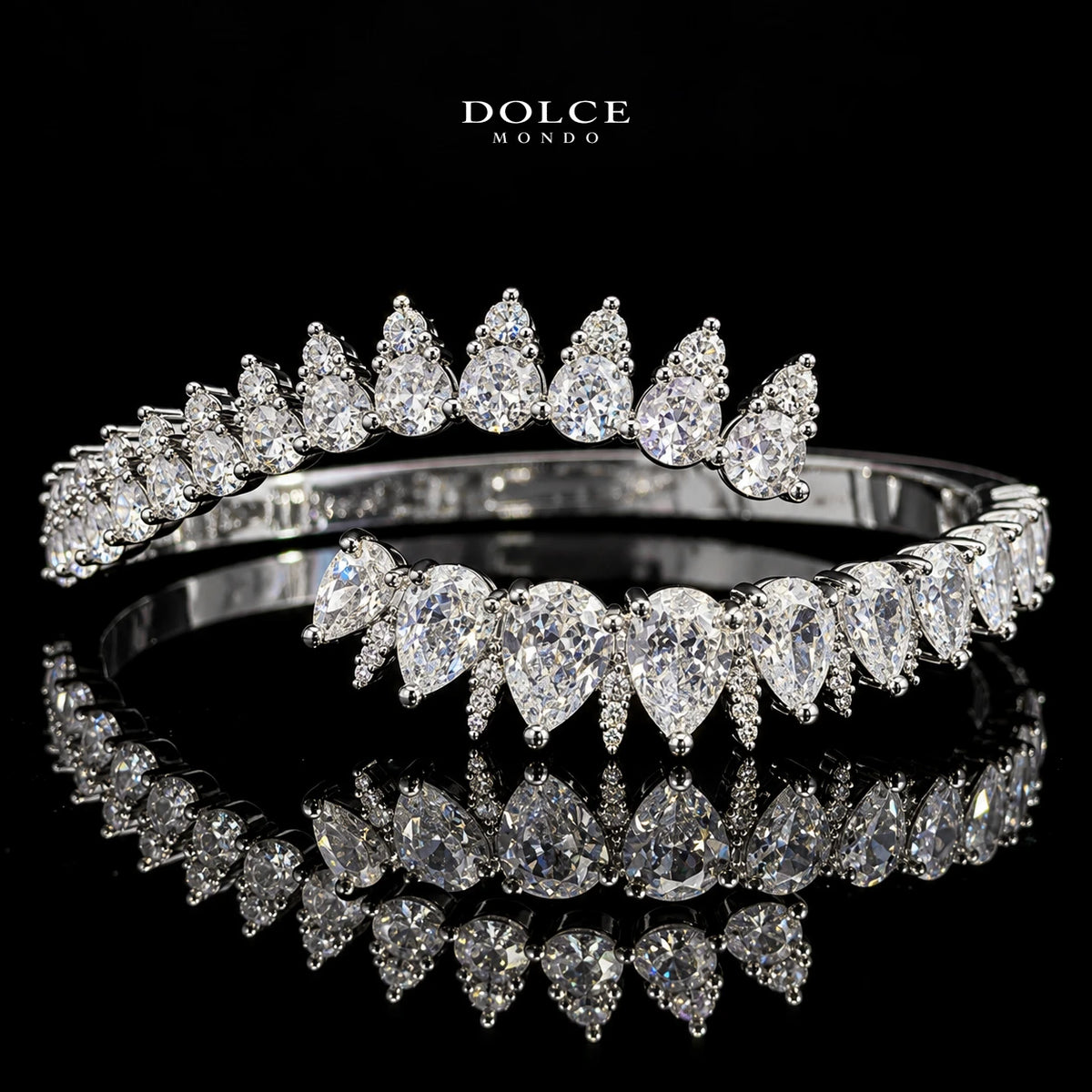 Amira White Pear-Cut Zircon Luxury Bangle & Ring Set – Premium Rhodium Plated | Dolce Mondo