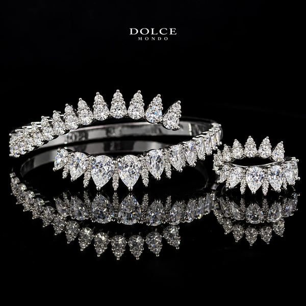 Amira White Pear-Cut Zircon Luxury Bangle & Ring Set – Premium Rhodium Plated | Dolce Mondo