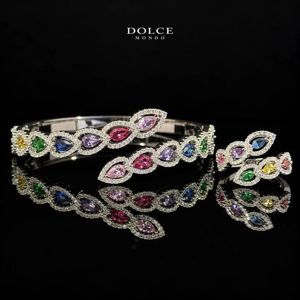 Layan Multicolor Pear-Cut Zircon Luxury Bangle & Ring Set – High Quality Rhodium Plated | Dolce Mondo