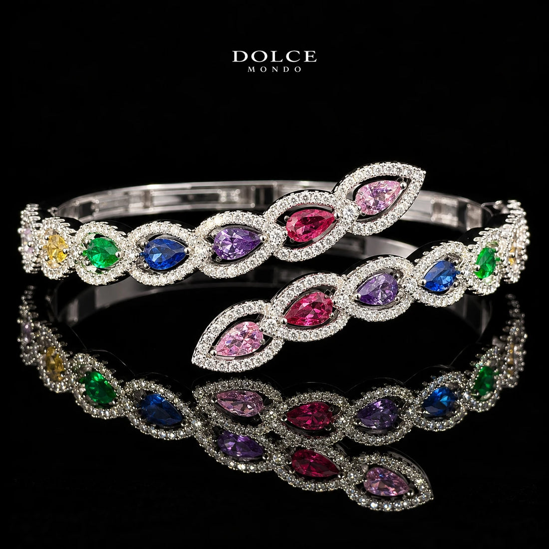 Layan Multicolor Pear-Cut Zircon Luxury Bangle & Ring Set – High Quality Rhodium Plated | Dolce Mondo