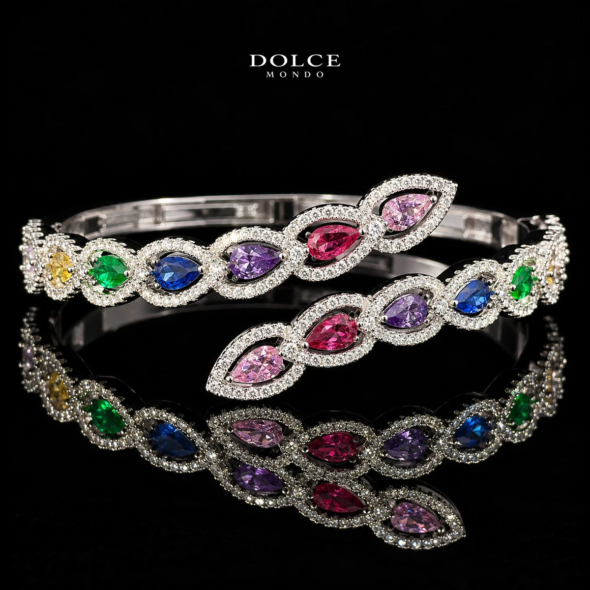 Layan Multicolor Pear-Cut Zircon Luxury Bangle & Ring Set – High Quality Rhodium Plated | Dolce Mondo