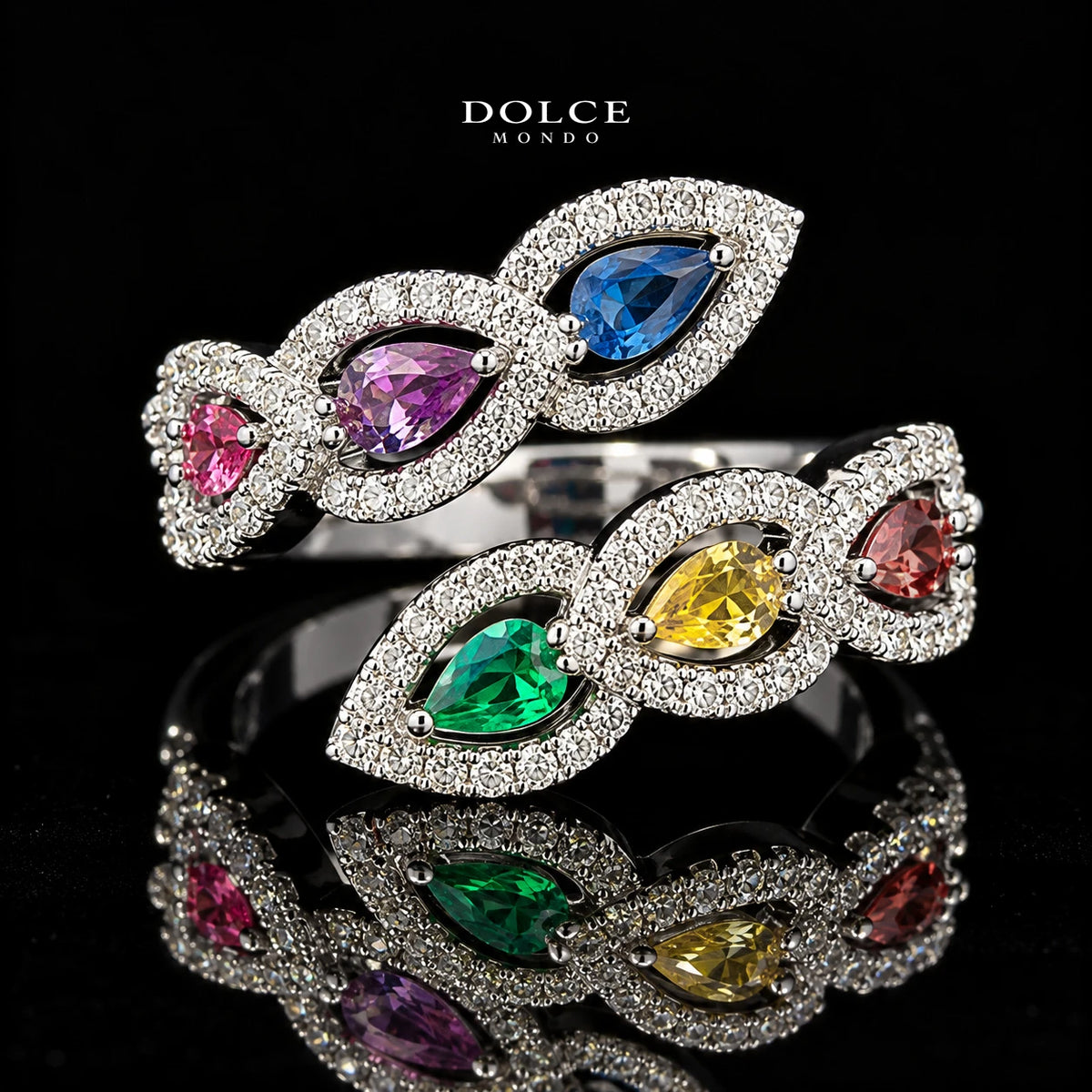 Layan Multicolor Pear-Cut Zircon Luxury Bangle & Ring Set – High Quality Rhodium Plated | Dolce Mondo