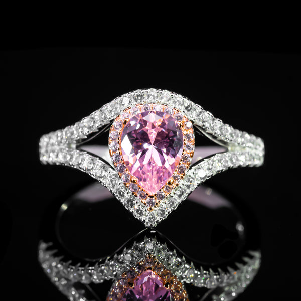 Dolce Mondo Regal Pink Pear Halo Split Band Ring in 925 Silver with Premium Zircon Stones