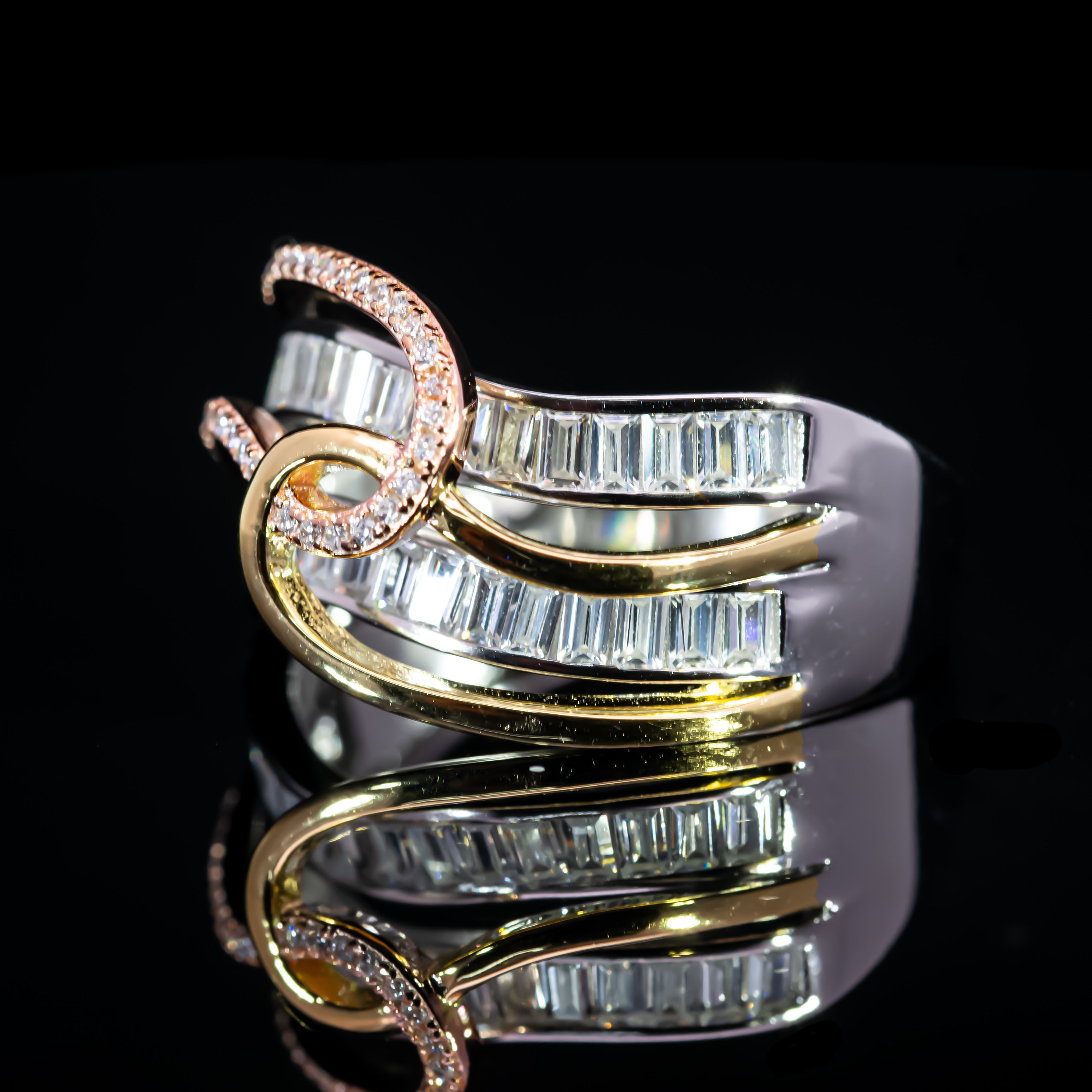 Dolce Mondo Majestic Two Tone Baguette Wave Ring in 925 Silver with Premium Zircon Stones