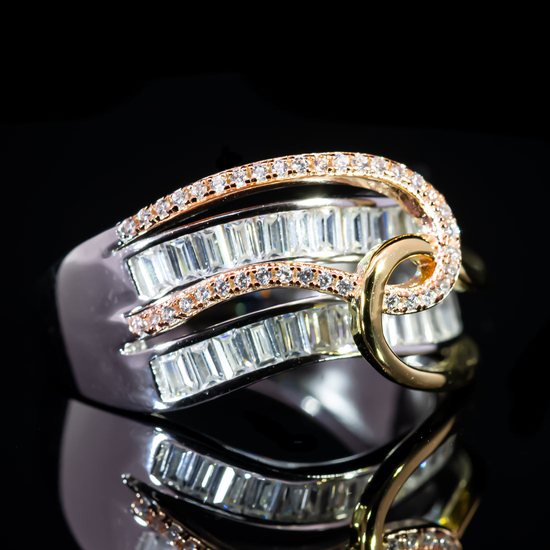 Dolce Mondo Majestic Two Tone Baguette Wave Ring in 925 Silver with Premium Zircon Stones