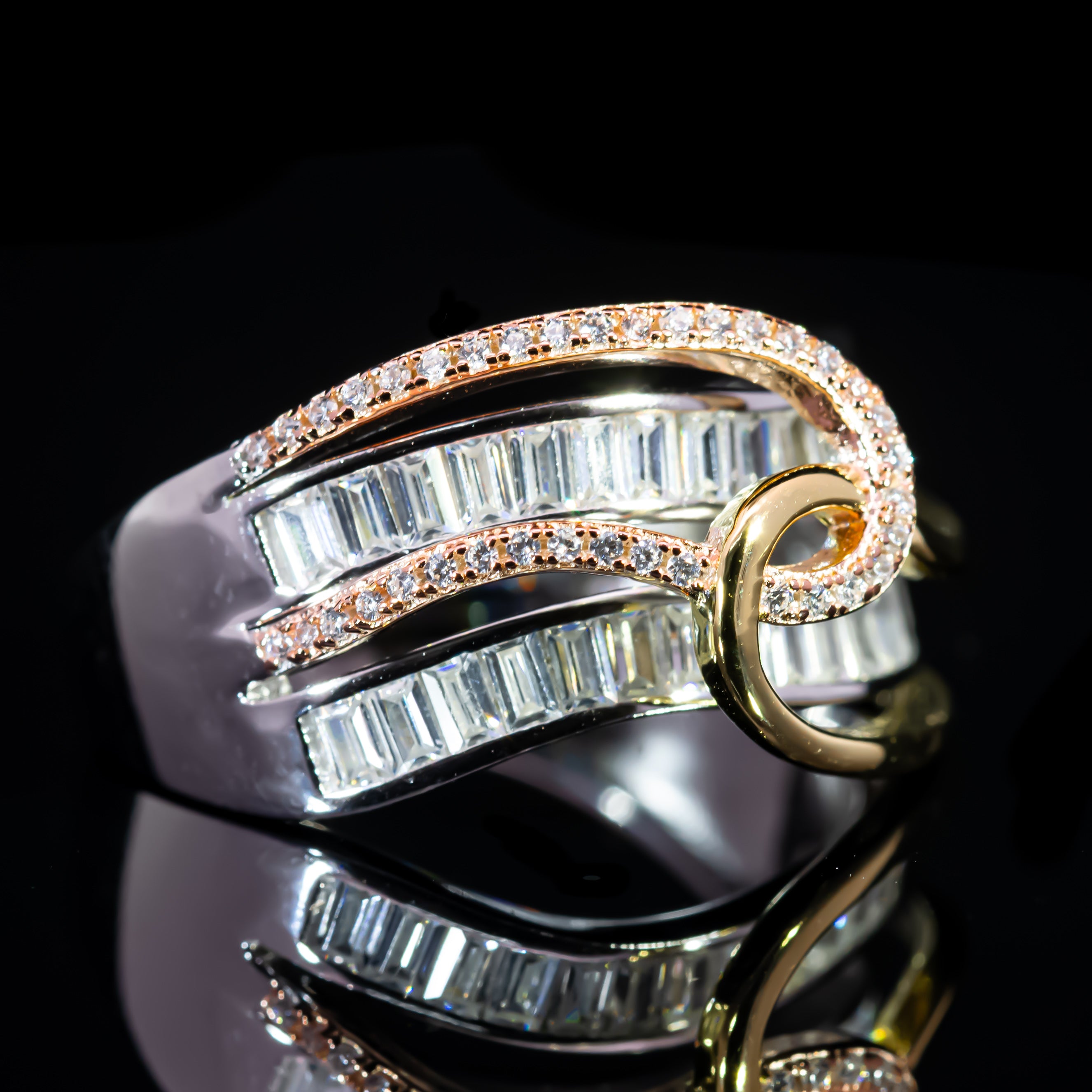 Dolce Mondo Majestic Two Tone Baguette Wave Ring in 925 Silver with Premium Zircon Stones
