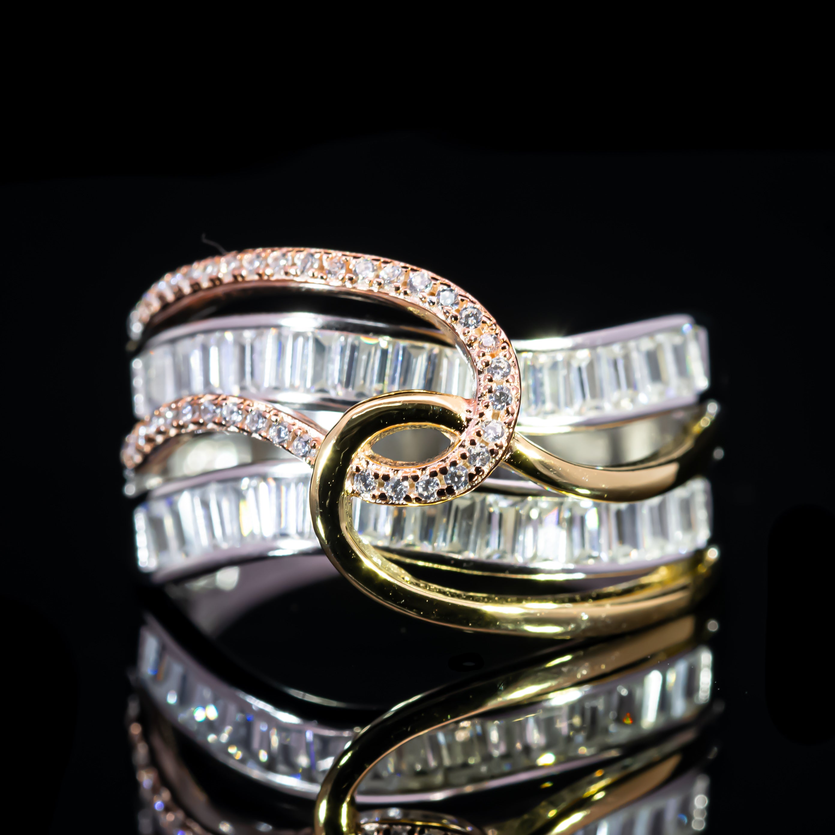 Dolce Mondo Majestic Two Tone Baguette Wave Ring in 925 Silver with Premium Zircon Stones
