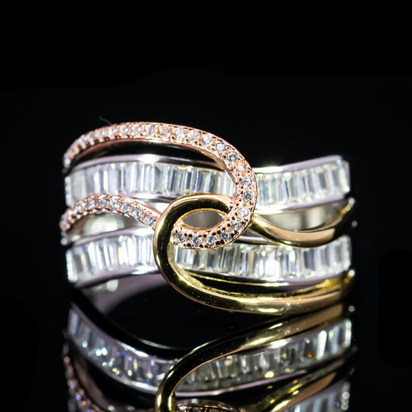 Dolce Mondo Majestic Two Tone Baguette Wave Ring in 925 Silver with Premium Zircon Stones