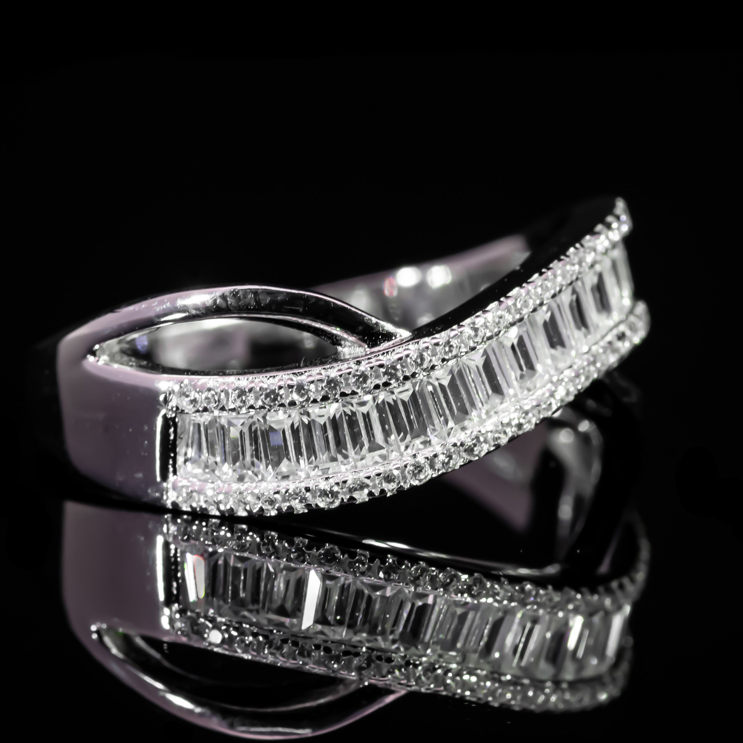 Dolce Mondo Luxe White Baguette Wrap Ring in 925 Silver with Premium Zircon Stones