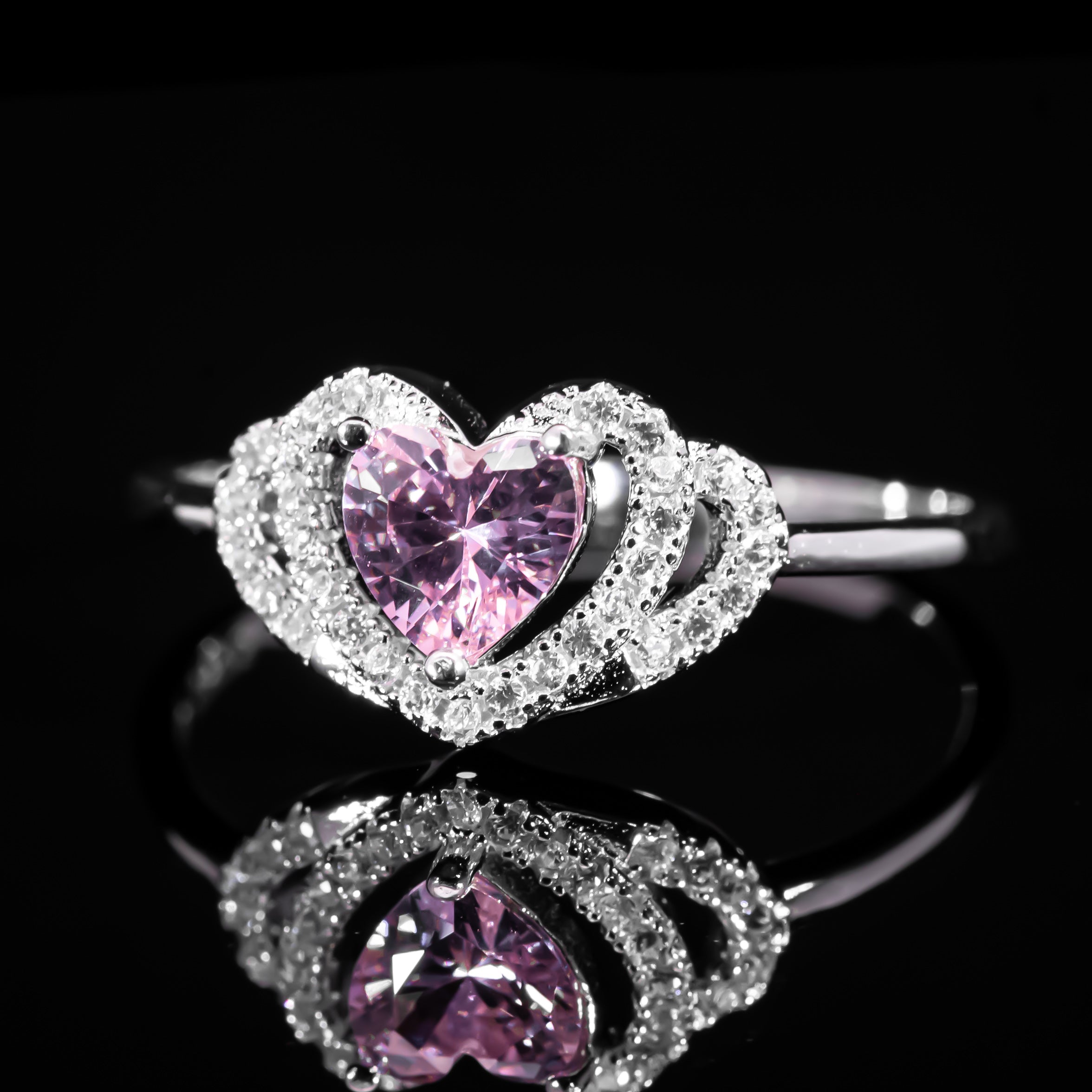 Dolce Mondo Princess Pink Heart Halo Ring in 925 Silver with Premium Zircon Stones