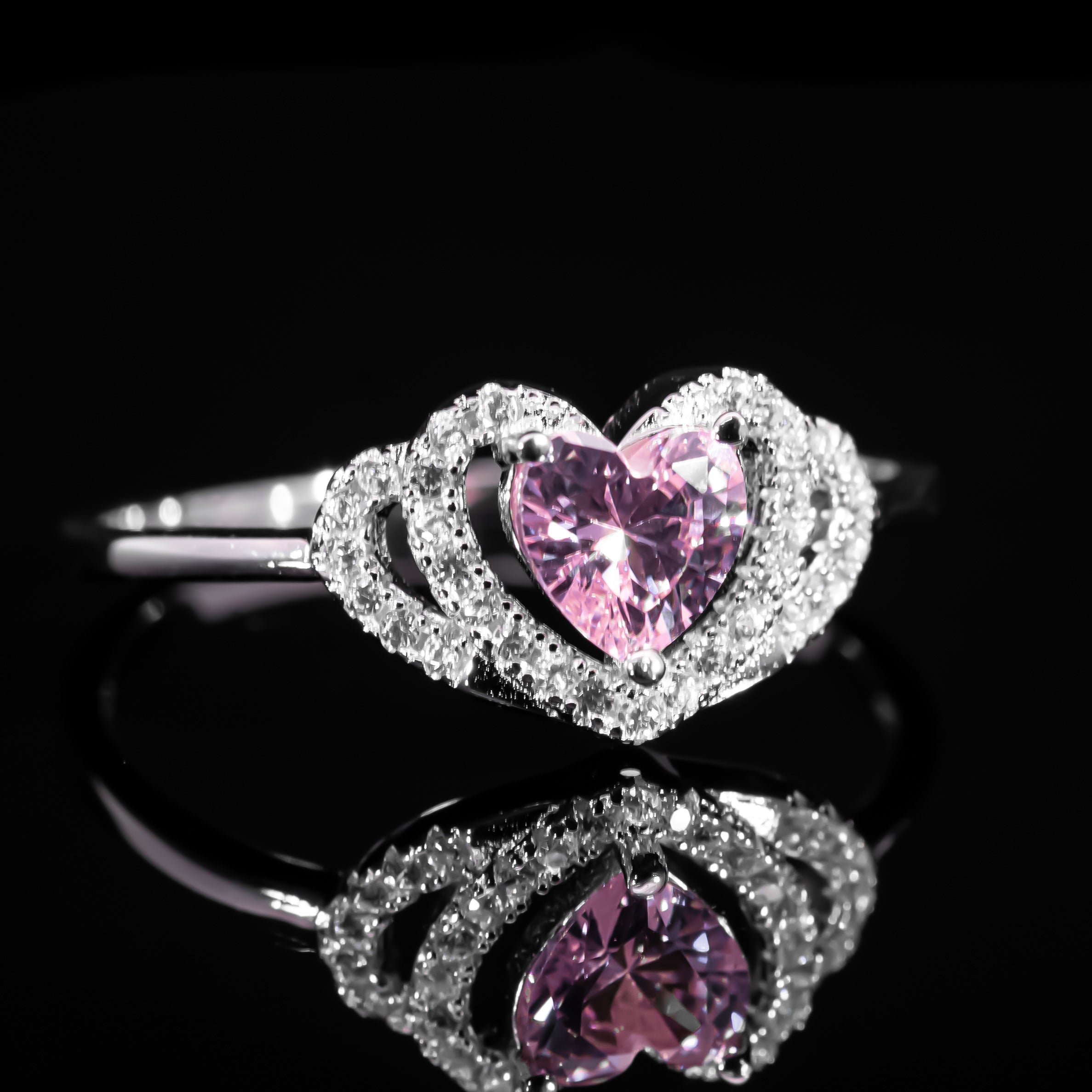 Dolce Mondo Princess Pink Heart Halo Ring in 925 Silver with Premium Zircon Stones