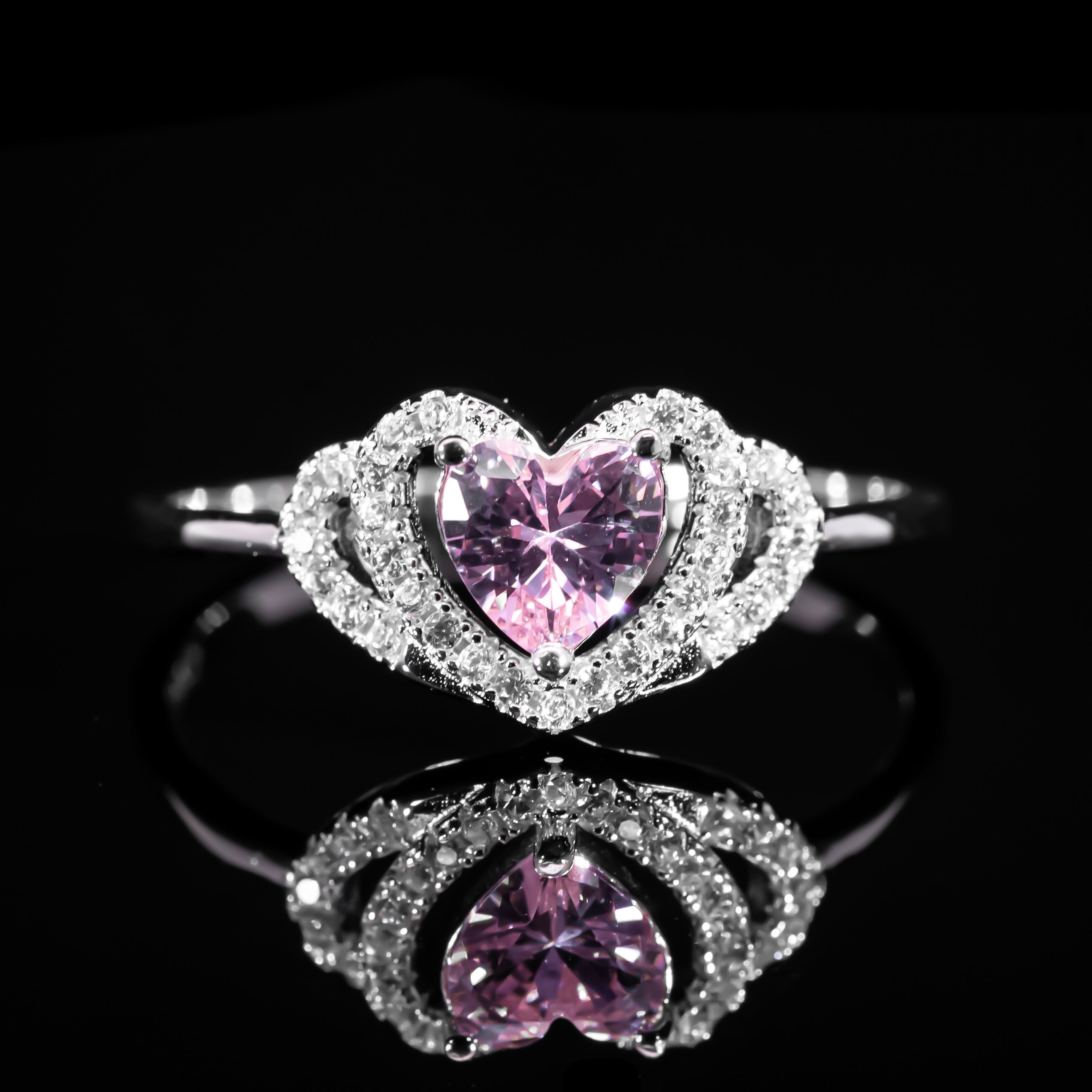 Dolce Mondo Princess Pink Heart Halo Ring in 925 Silver with Premium Zircon Stones