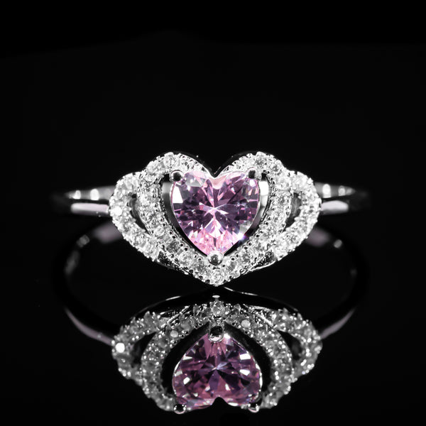 Dolce Mondo Princess Pink Heart Halo Ring in 925 Silver with Premium Zircon Stones