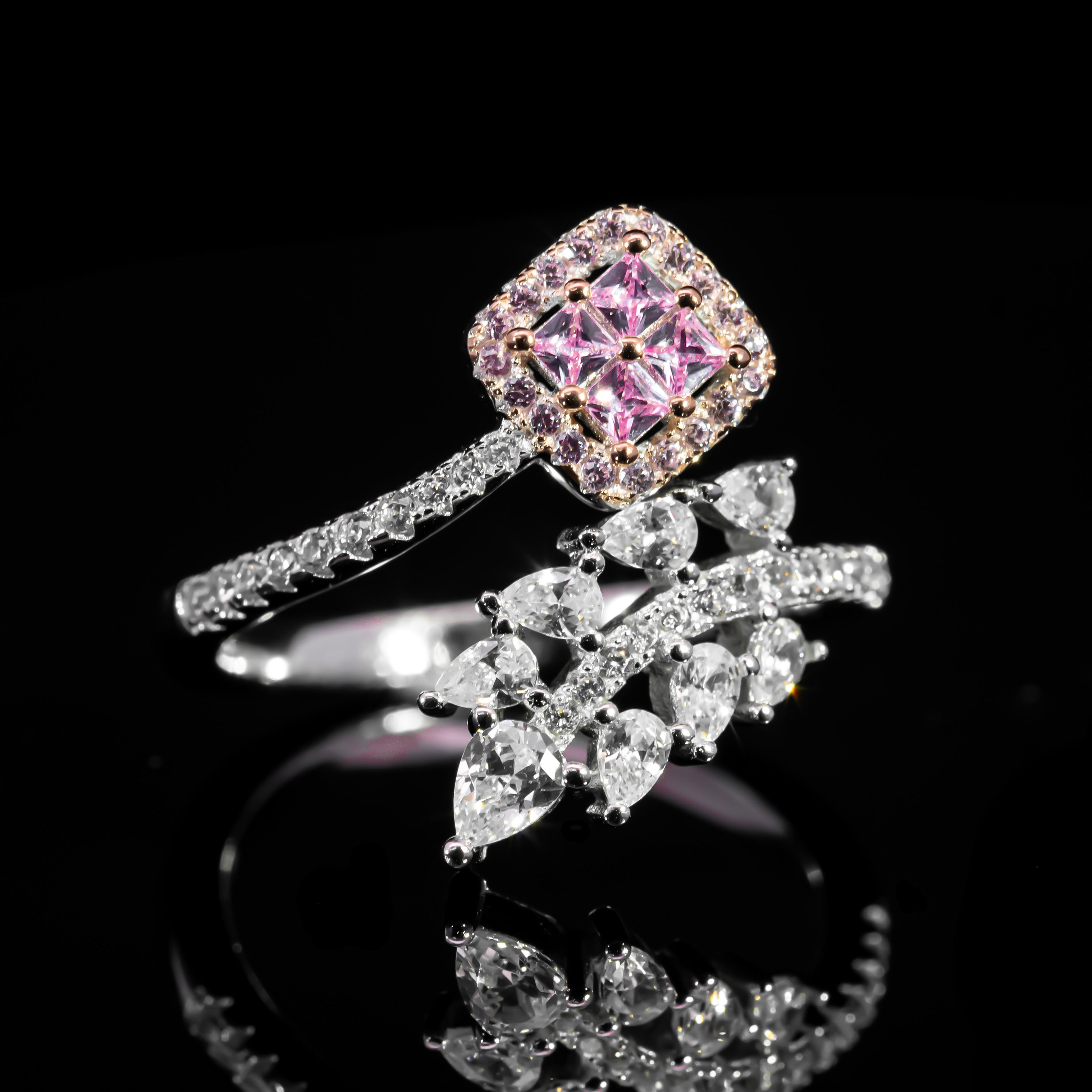 Dolce Mondo Majestic Pink Princess Cut Cluster Ring in 925 Silver with Premium Zircon Stones