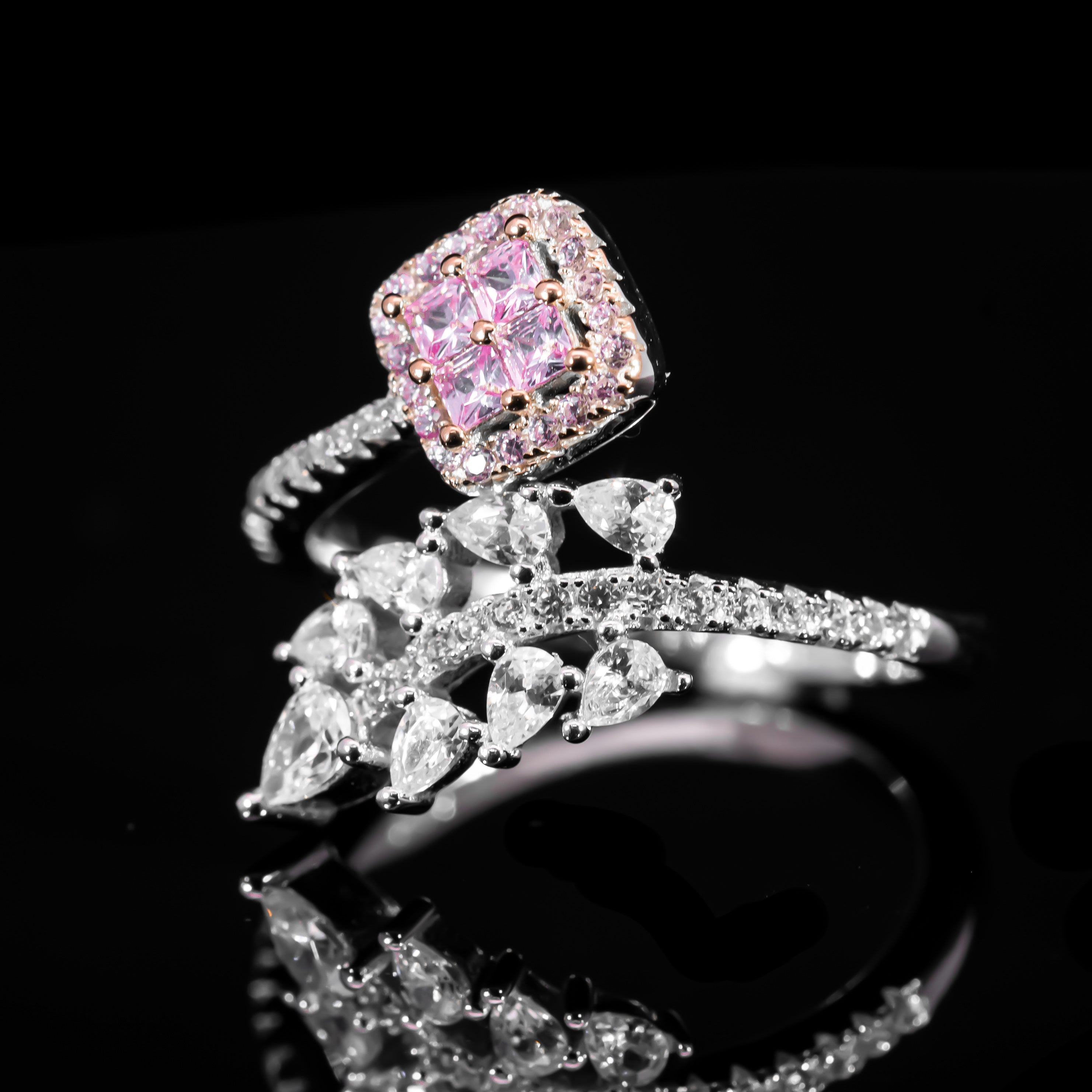Dolce Mondo Majestic Pink Princess Cut Cluster Ring in 925 Silver with Premium Zircon Stones
